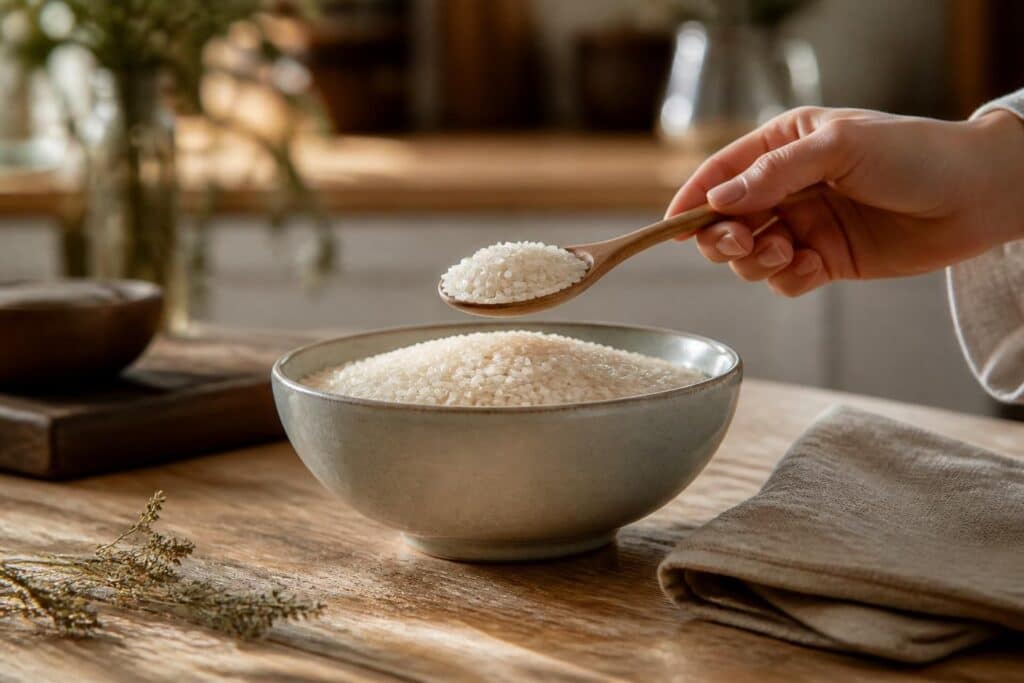 Cuillère de riz blanc tenue au-dessus d’un bol posé sur une table en bois