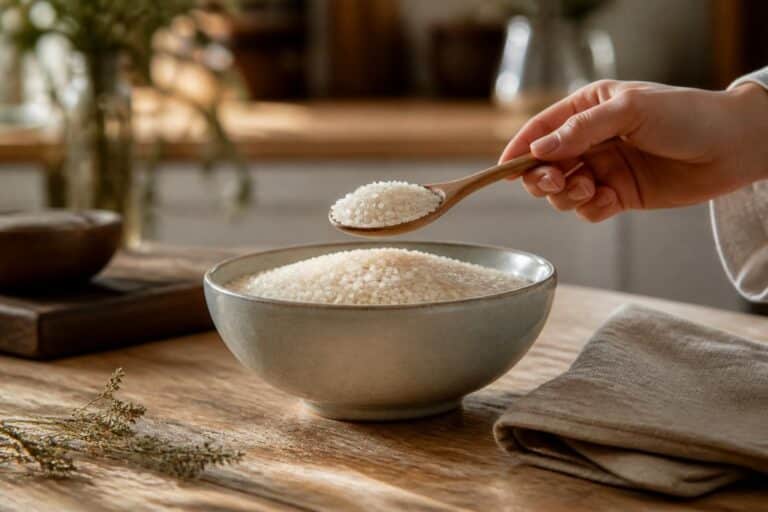 Cuillère de riz blanc tenue au-dessus d’un bol posé sur une table en bois