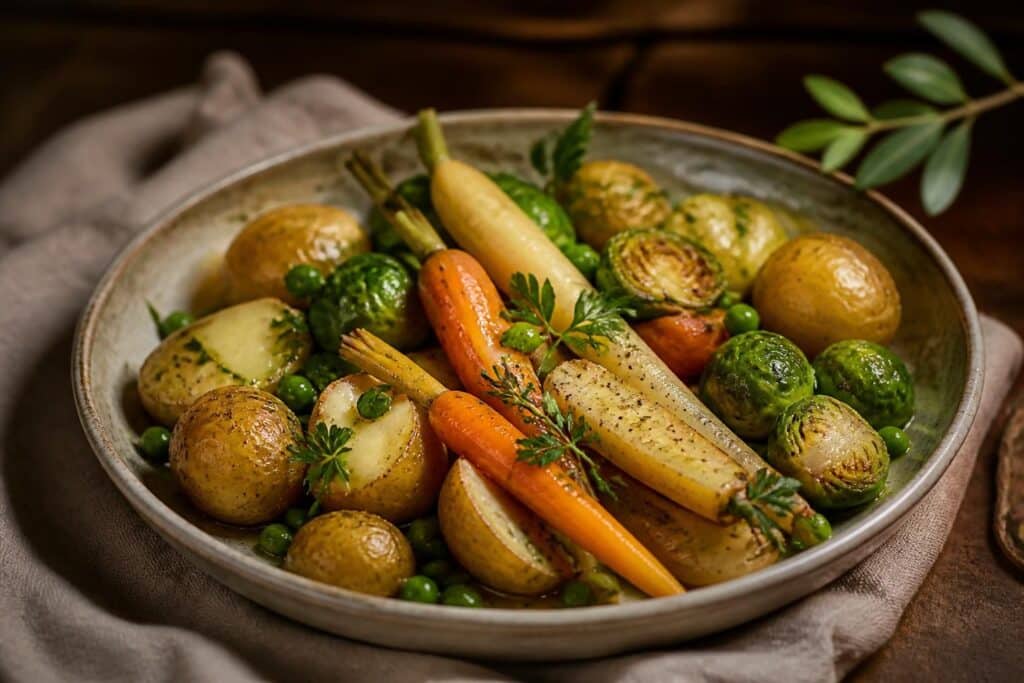 Plat de légumes rôtis avec pommes de terre, carottes et choux de Bruxelles