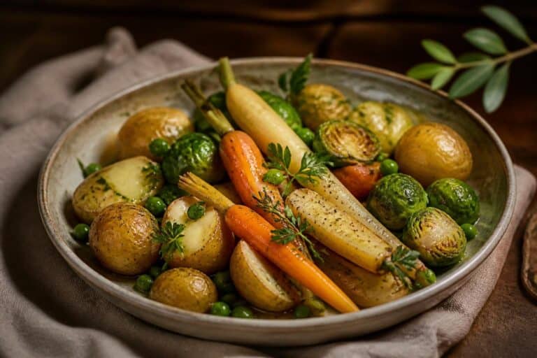 Plat de légumes rôtis avec pommes de terre, carottes et choux de Bruxelles