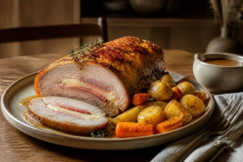 Rôti de porc Orloff tranché avec pommes de terre, carottes et sauce