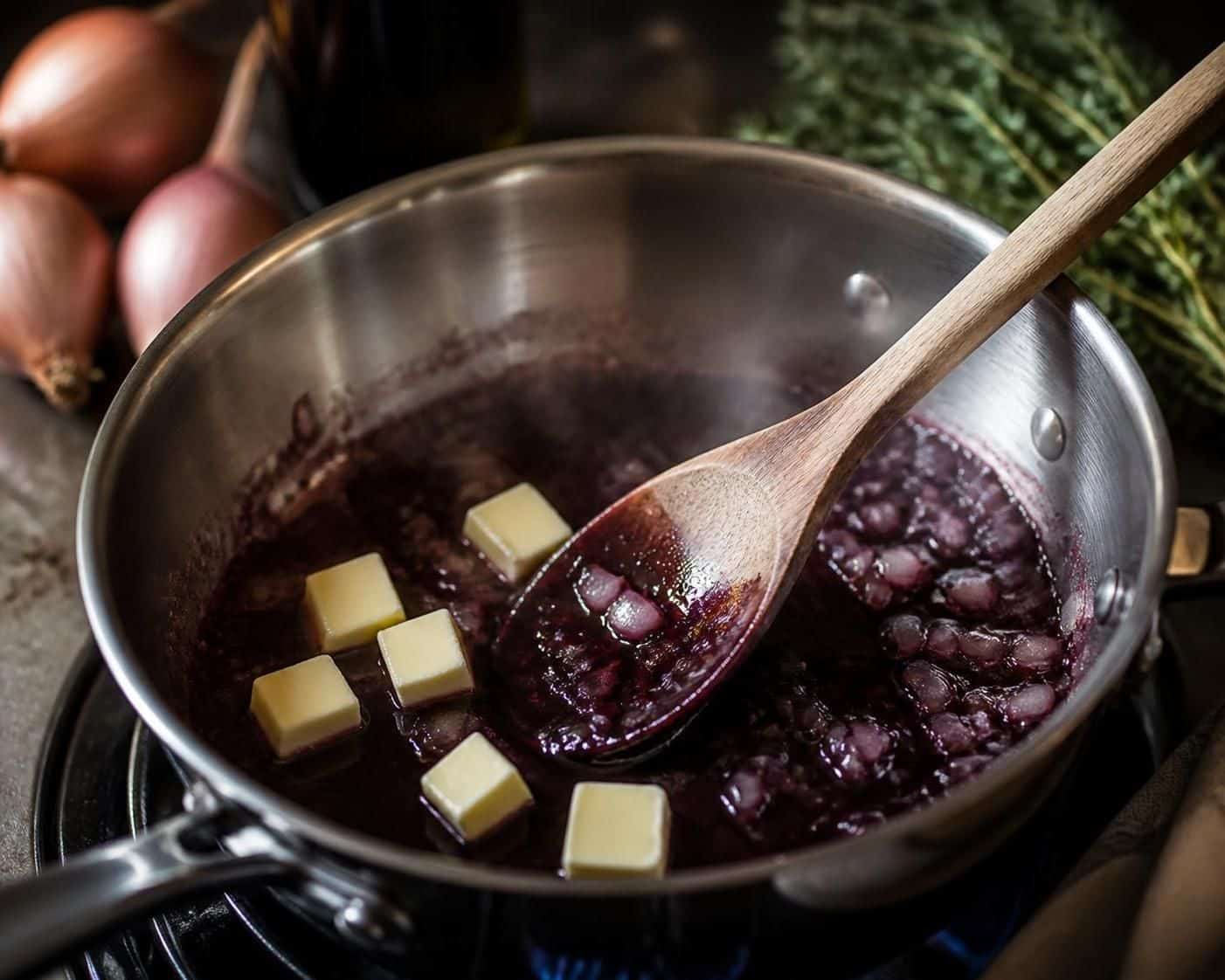 Sauce au vin et morceaux d’échalote dans une casserole avec des cubes de beurre