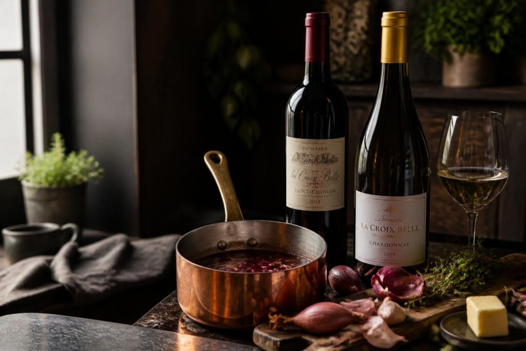 Sauce sombre en casserole avec bouteilles de vin, échalotes, ail, herbes et beurre