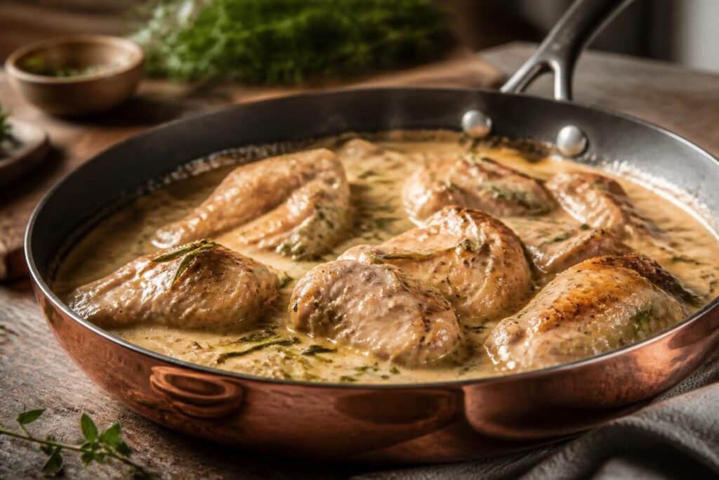 Morceaux de dinde dorés dans une sauce crémeuse aux herbes