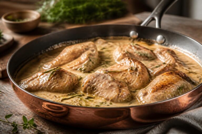 Morceaux de dinde dorés dans une sauce crémeuse aux herbes
