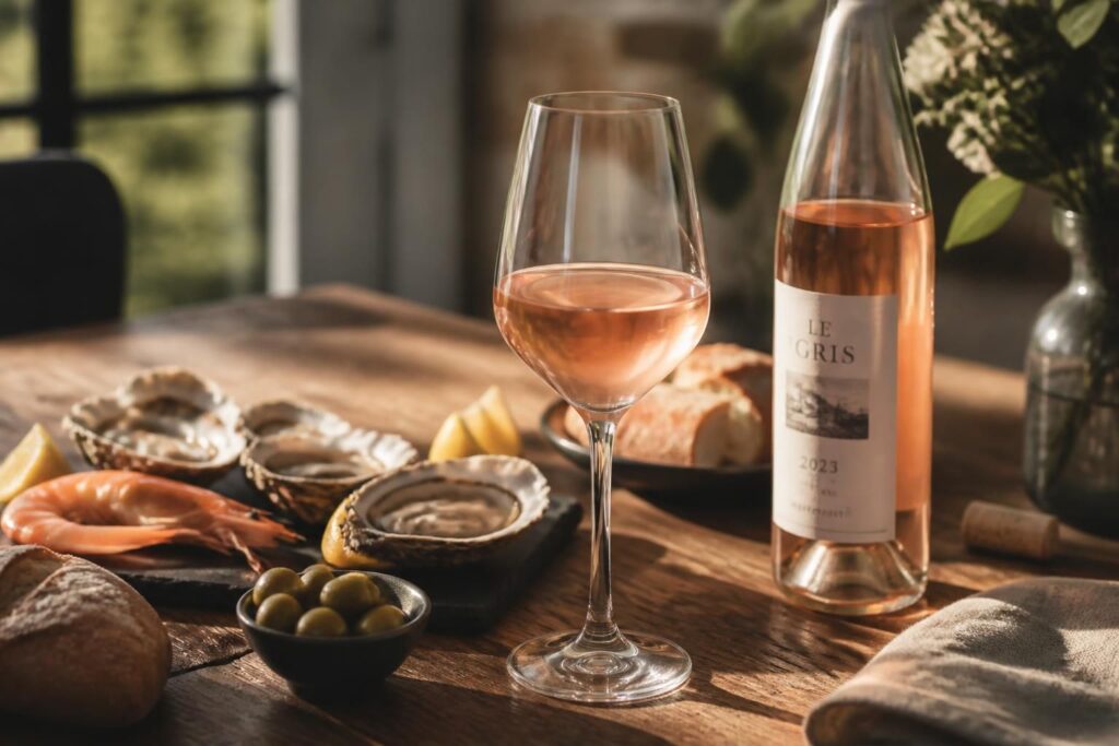 Verre de vin gris servi avec fruits de mer