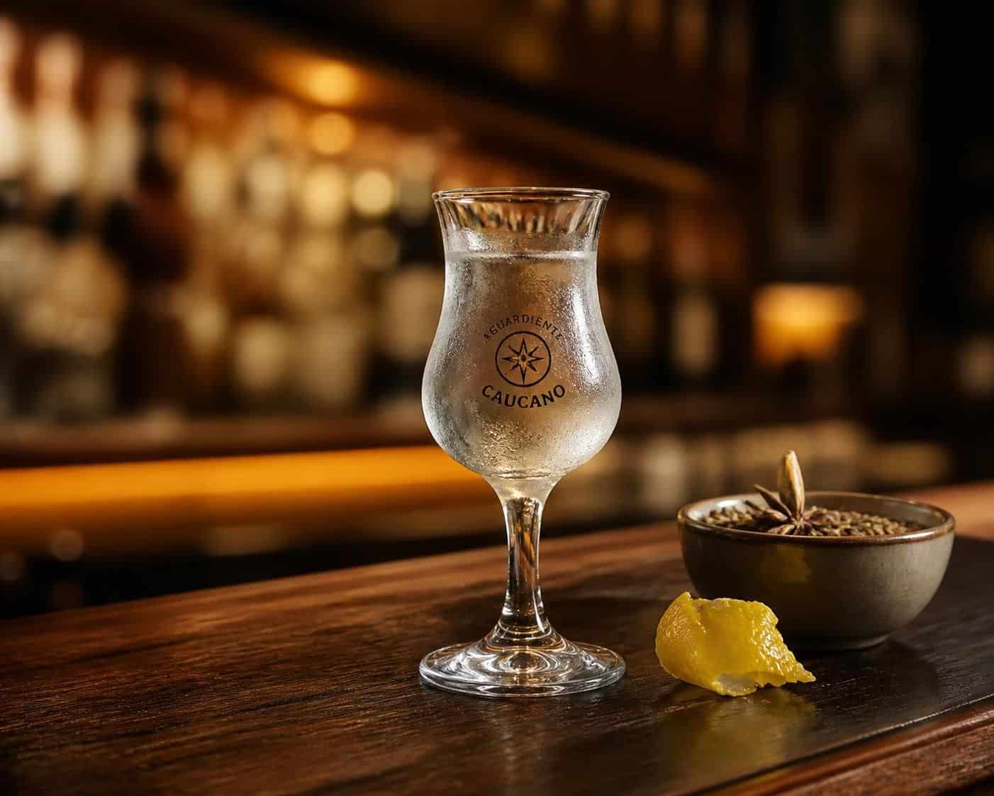 Verre gravé Aguardiente Caucano, à côté d’un bol d’épices et d’un zeste de citron