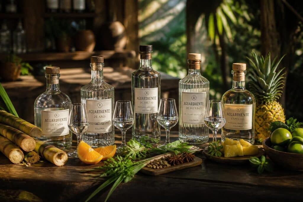 Cinq bouteilles d’aguardiente colombien alignées avec verres, fruits et canne à sucre
