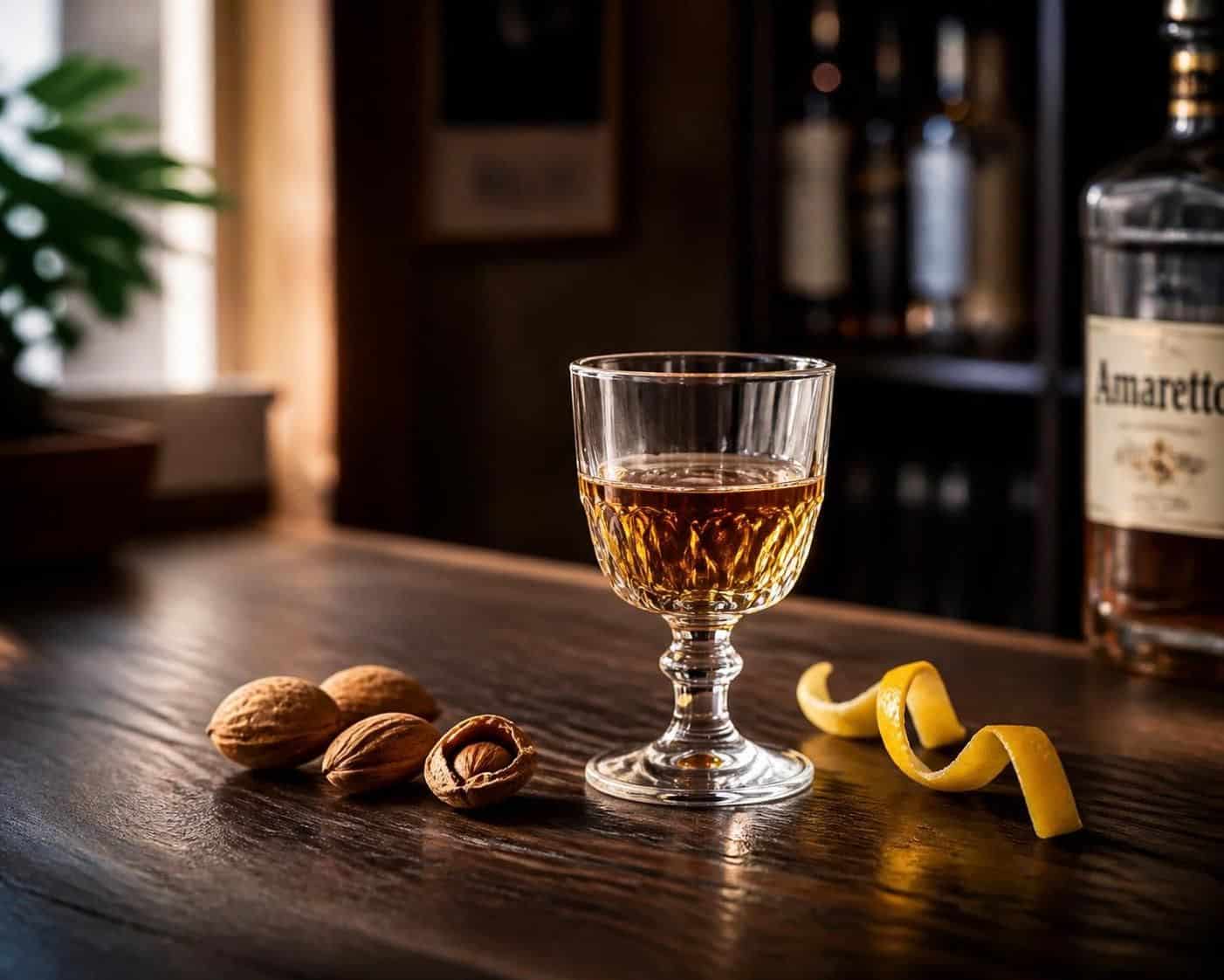 Verre d'ambre sur pied, noix, zeste de citron et bouteille étiquetée Amaretto sur une table en bois