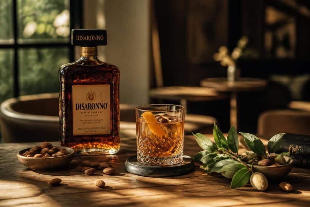 Bouteille Disaronno Originale à côté d'un verre ambré avec glaçons, zeste d'orange et amandes