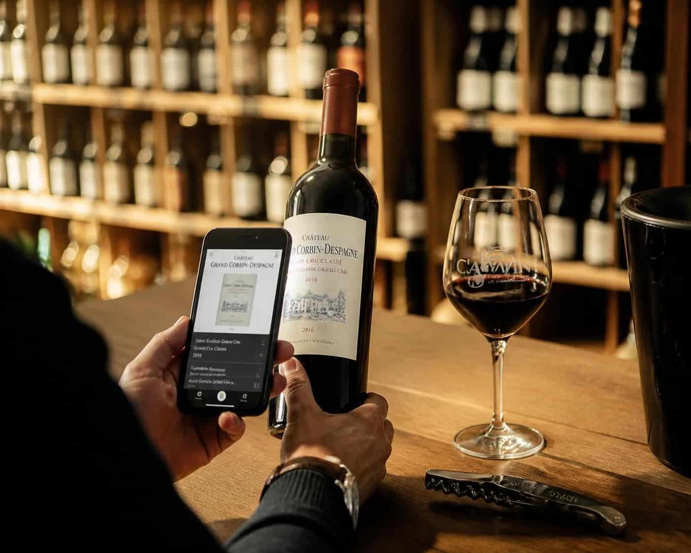 Bouteille de vin et téléphone affichant son étiquette devant des casiers en bois