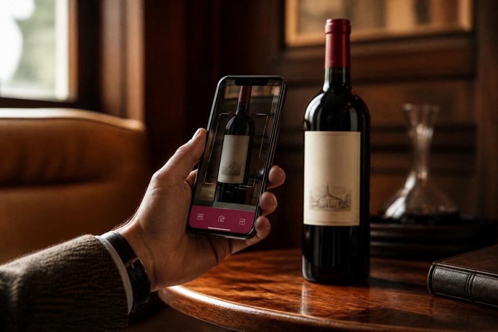 Téléphone cadrant une bouteille de vin posée sur une table en bois