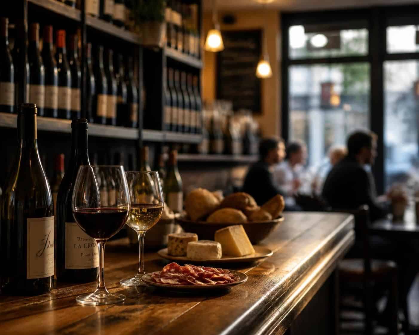 Comptoir de bar, verres de vin rouge et blanc, assiettes de charcuterie et de fromages