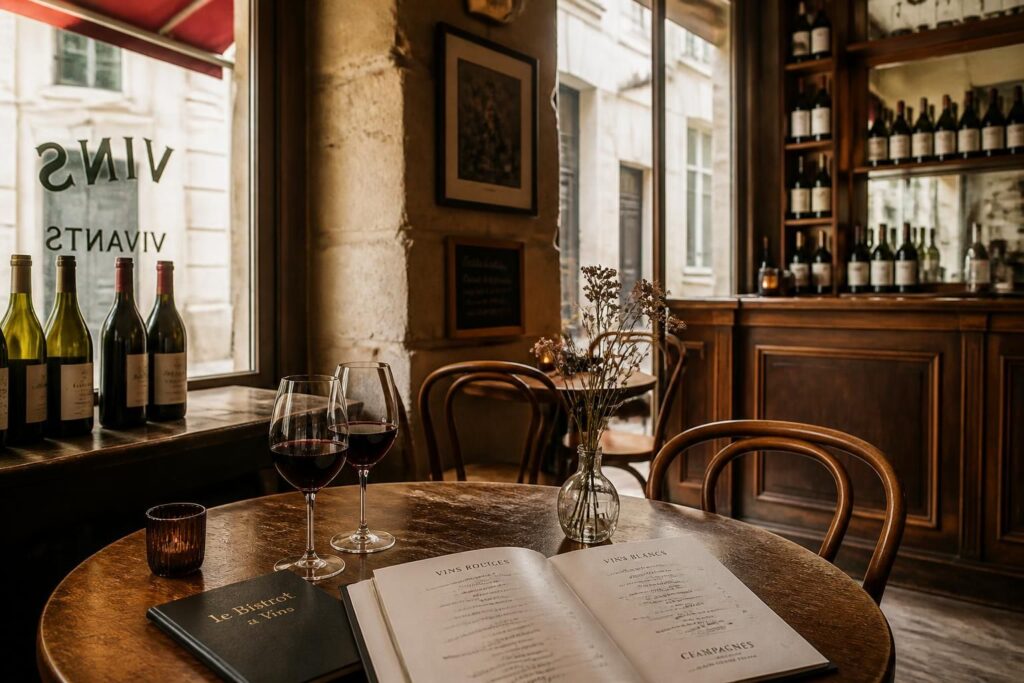 Table de bistrot, deux verres de vin rouge, carte des vins ouverte et bouteilles