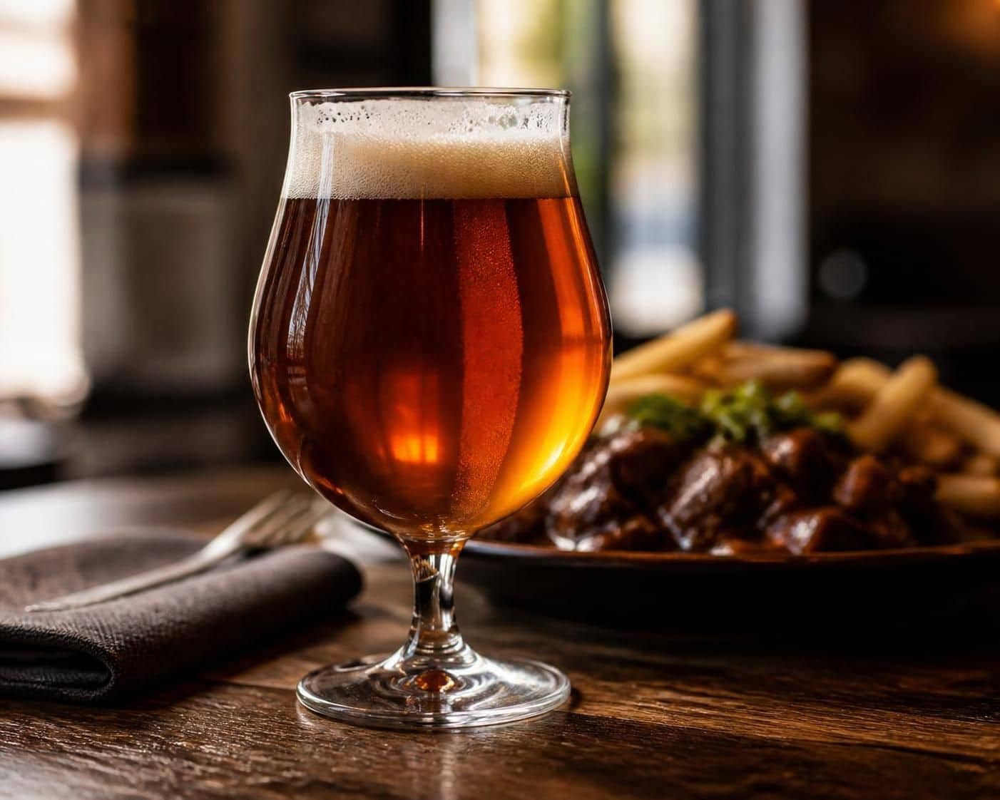 Verre tulipe de bière ambrée à mousse blanche devant une assiette de frites et viande en sauce