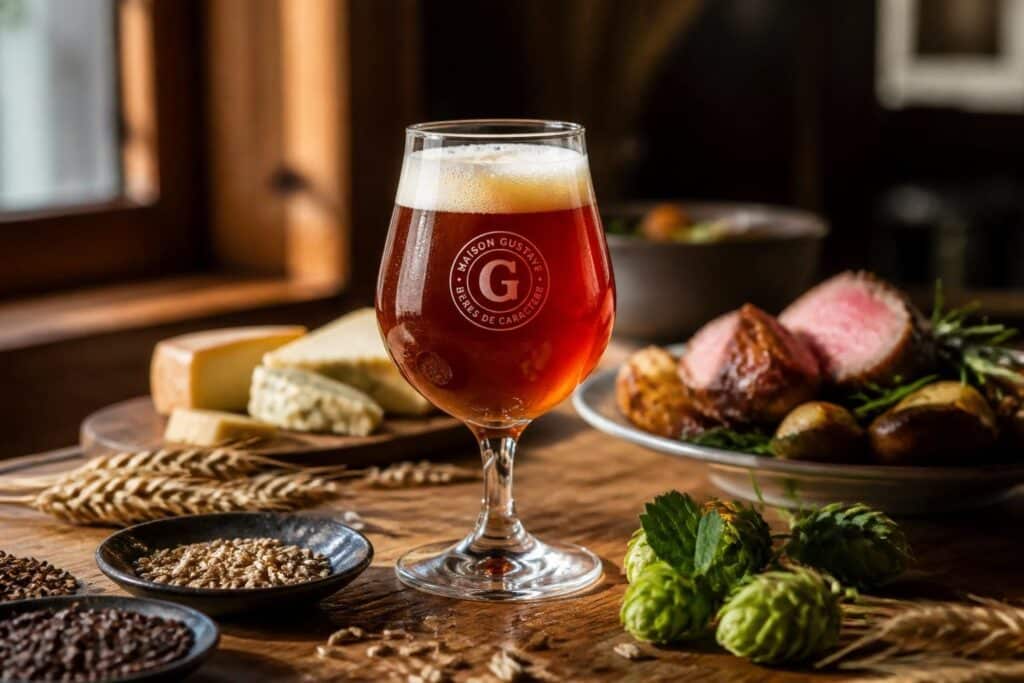 Verre de bière ambrée, fromages, houblon vert et assiette de viande sur table en bois