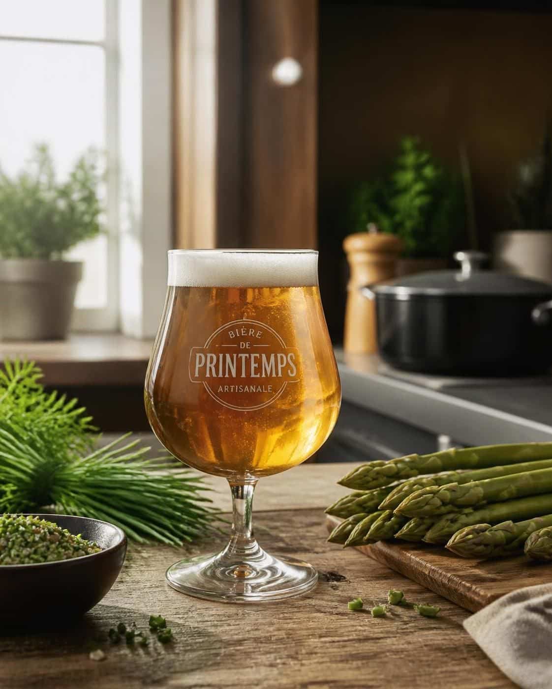 Verre de bière dorée près d’asperges vertes et d’herbes fraîches sur une table en bois