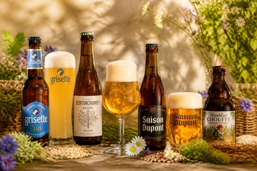 Quatre bouteilles et trois verres de bière dorée sur une table en bois fleurie