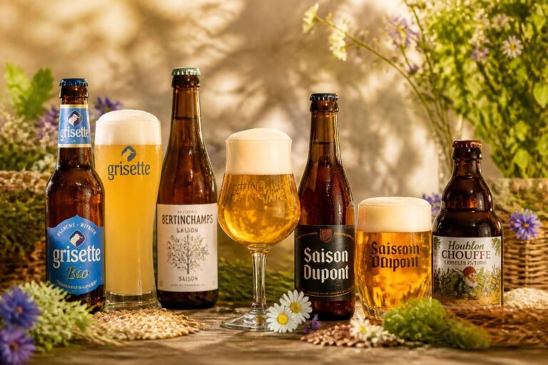 Quatre bouteilles et trois verres de bière dorée sur une table en bois fleurie