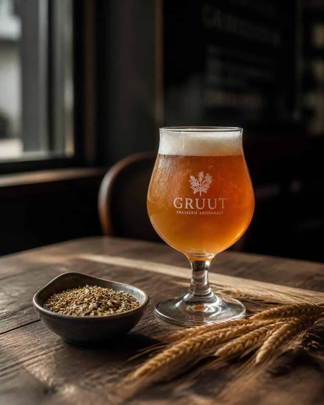 Verre de bière ambrée à côté d’un bol de végétaux séchés et d’épis sur une table en bois
