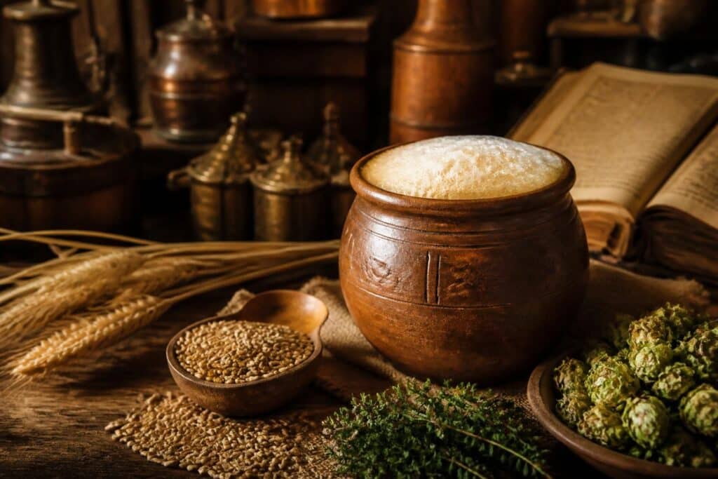 Pot brun rempli de mousse, entouré de grains, d’épis et de récipients cuivrés