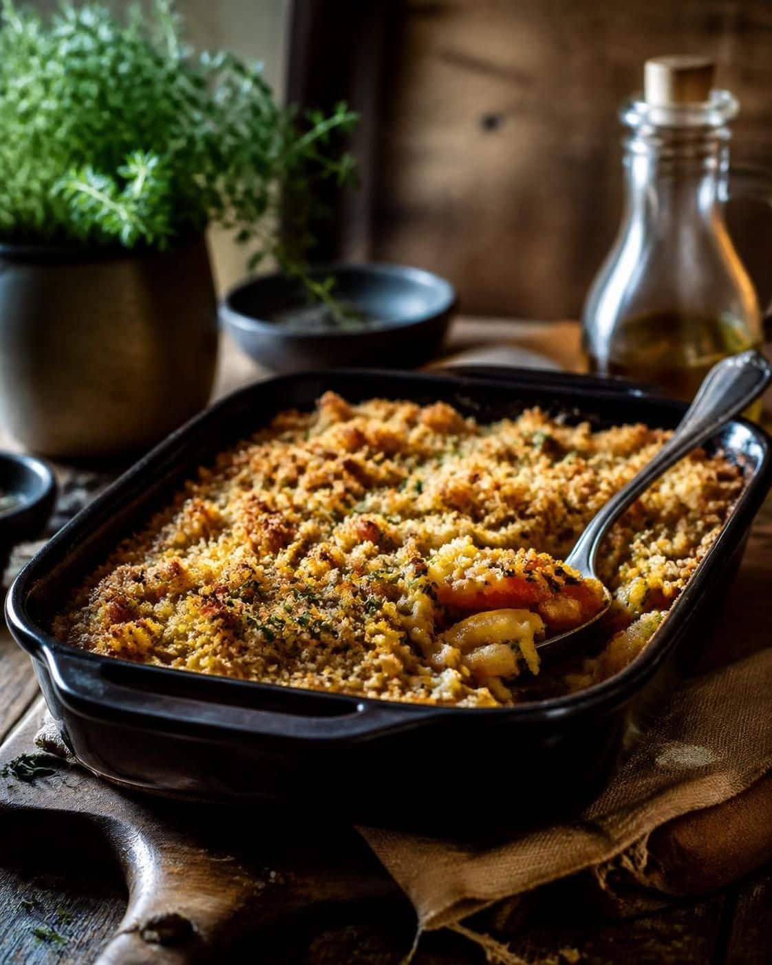 Cuillère soulevant une portion de crumble doré aux légumes depuis un plat blanc