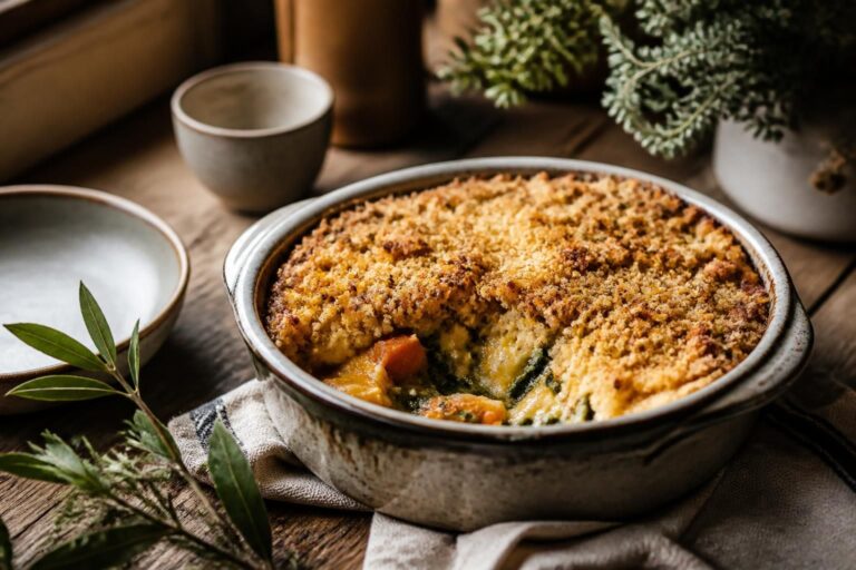 Plat de crumble doré entamé avec une garniture de légumes orange et verts