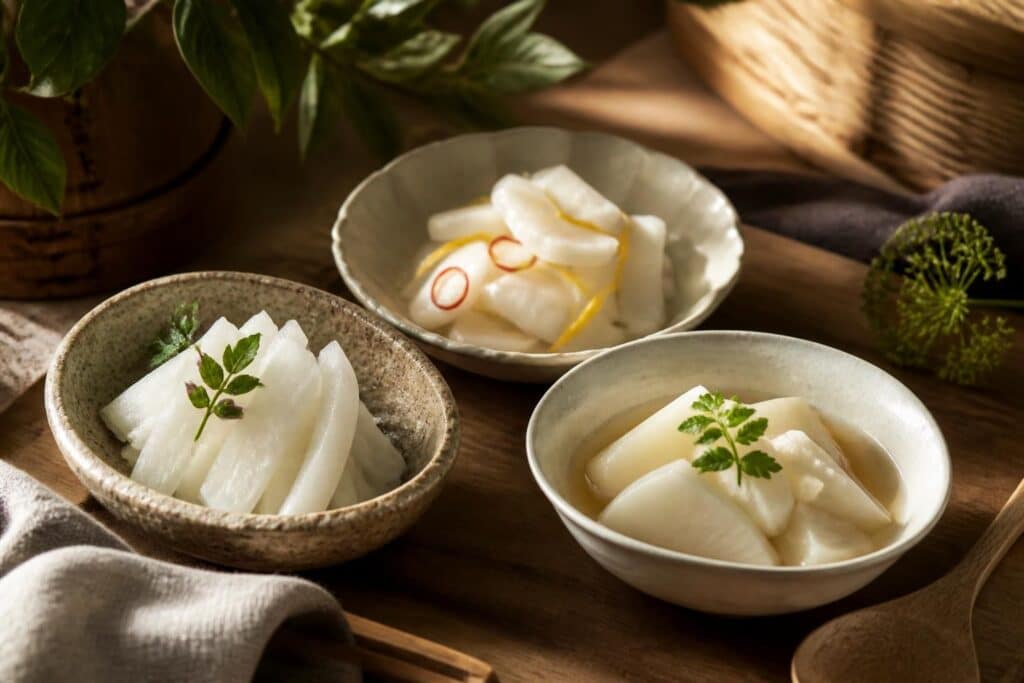 Trois bols de radis blanc en morceaux, garnis de feuilles, de zestes et de rondelles de piment