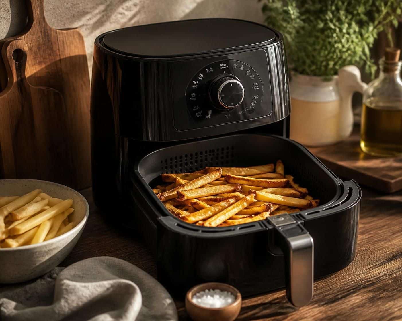 Frites dorées dans le panier ouvert d’une friteuse à air noire sur un plan de travail en bois
