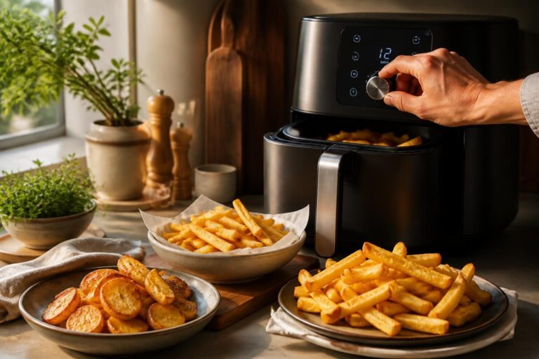 Main réglant une friteuse à air, derrière des assiettes de frites et de rondelles de pommes de terre dorées