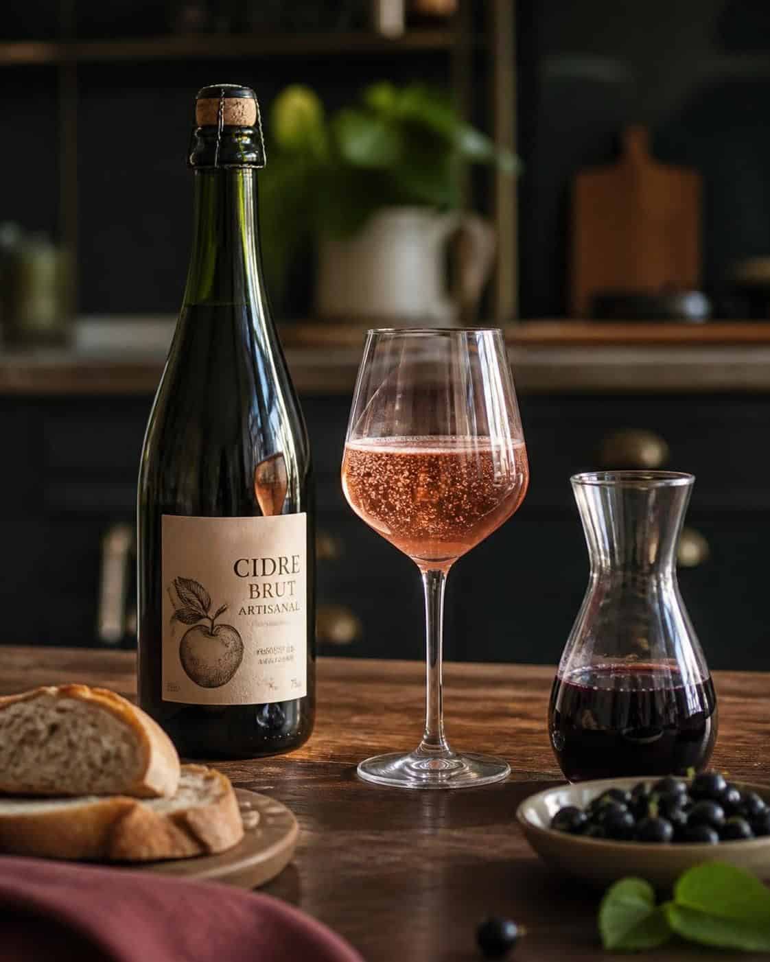 Bouteille de cidre brut, verre de boisson rosée pétillante, carafe rouge sombre, pain tranché et baies