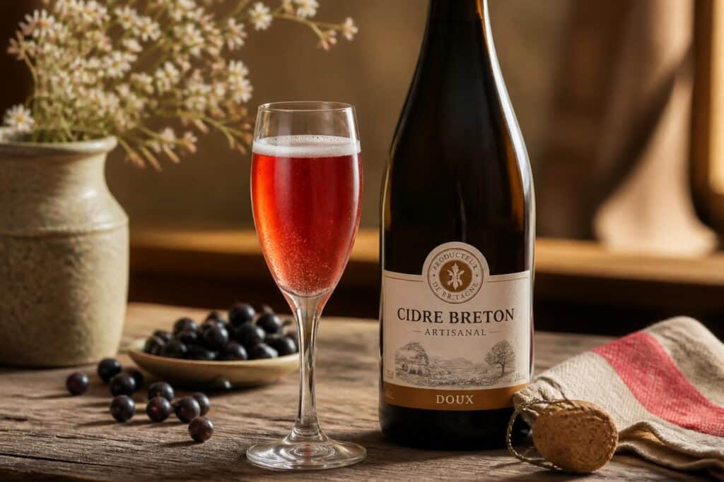 Flûte de boisson rosée pétillante à côté d'une bouteille de cidre breton, fruits sombres et fleurs blanches