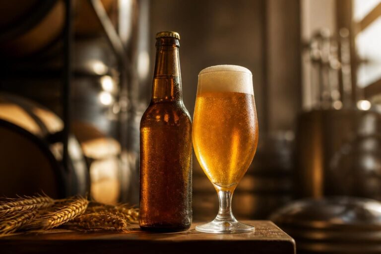 Bouteille brune et verre de bière dorée sur une table en bois, devant des tonneaux.