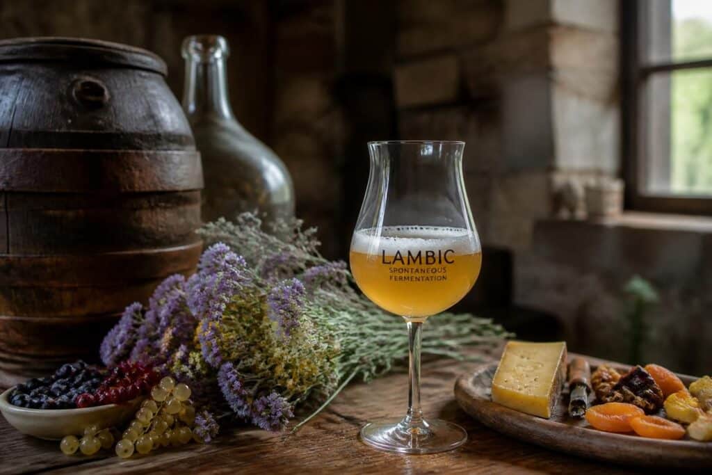 Verre de lambic sur une table en bois, entouré de fruits, de fromage et d’un petit tonneau