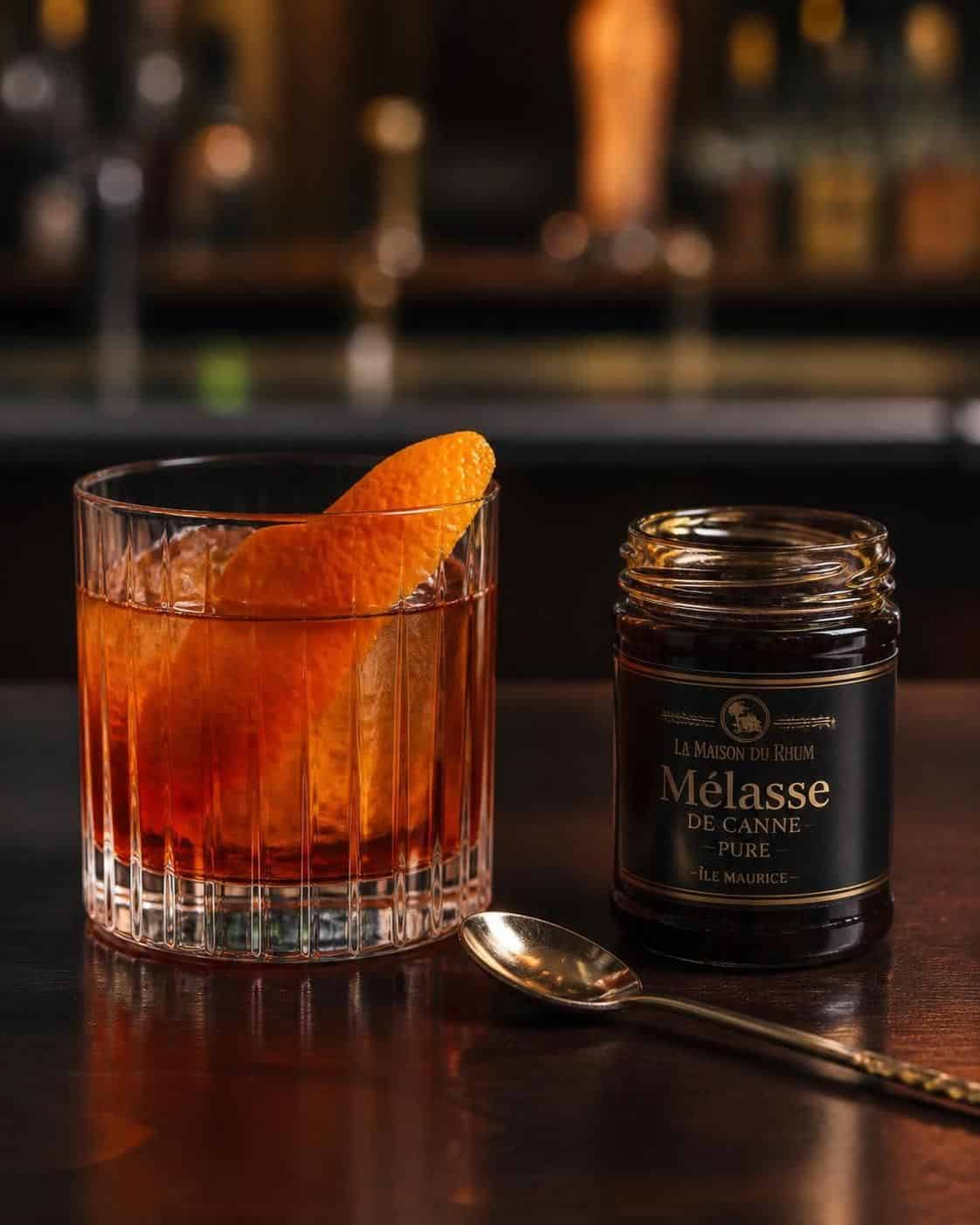 Verre de cocktail ambré au zeste d'orange à côté d'un pot de mélasse de canne