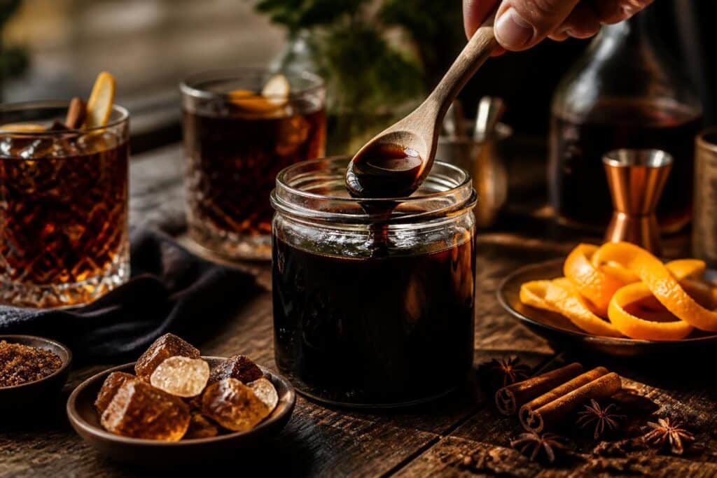 Cuillère en bois sortant d'un bocal de mélasse sombre, près de verres à cocktail et d'épices