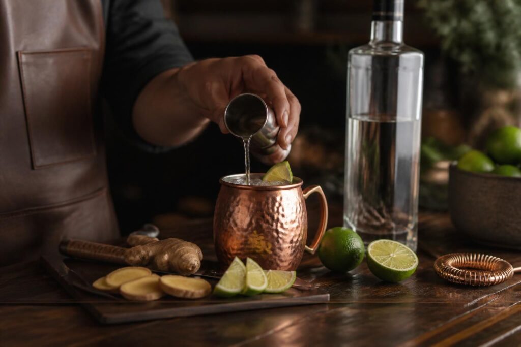 Main versant un liquide clair dans une tasse en cuivre, gingembre et citrons verts à côté