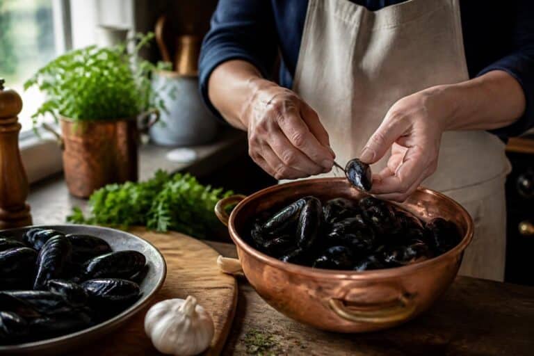 Marmite de moules marinières ouvertes dans un jus au persil et aux oignons