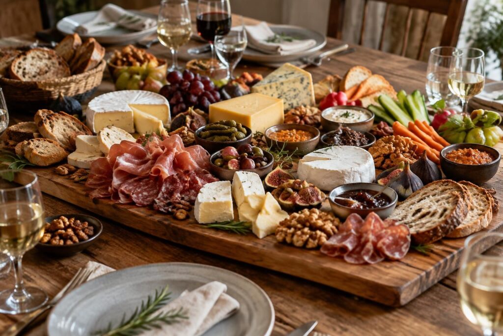 Planche en bois avec pain, fromages, charcuterie, raisins, figues et petits bols