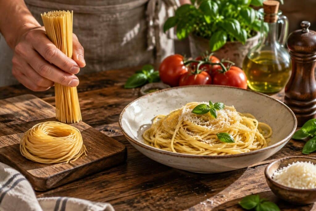 Main tenant un bouquet de spaghettis crus près d'un bol de pâtes, tomates et basilic