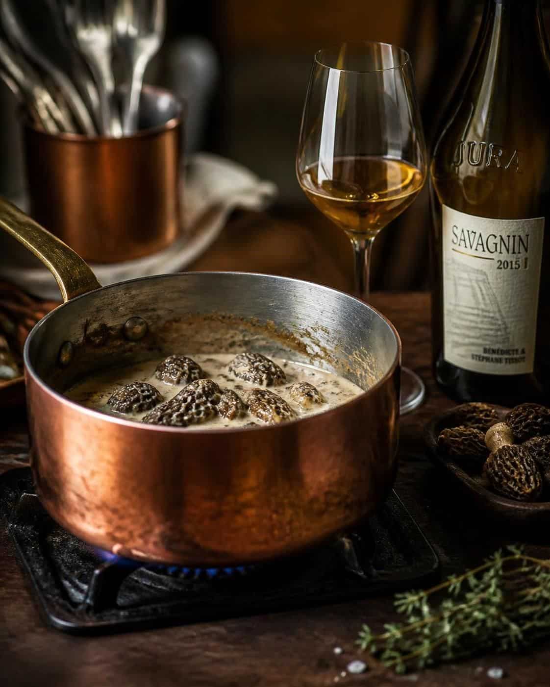 Casserole en cuivre de morilles à la crème, flamme bleue et bouteille de Savagnin du Jura
