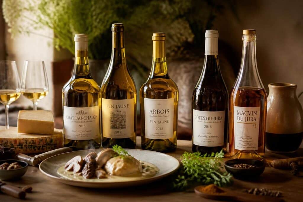 Bouteilles de vin jaune du Jura, verres dorés, fromage et plat dressé sur une table en bois