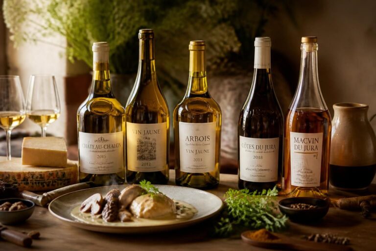 Bouteilles de vin jaune du Jura, verres dorés, fromage et plat dressé sur une table en bois