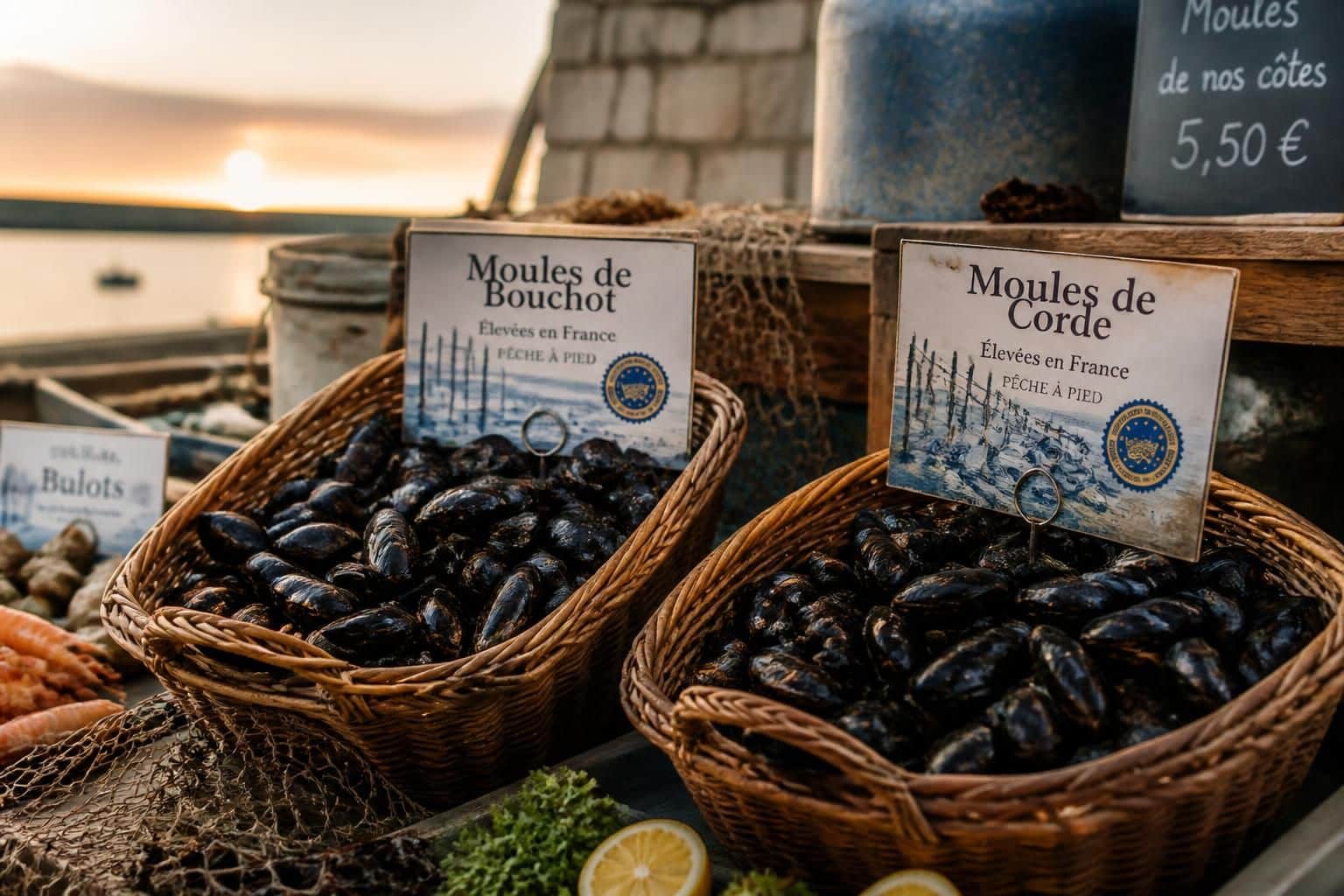 Deux paniers de moules étiquetés Bouchot et Corde sur un étal de fruits de mer