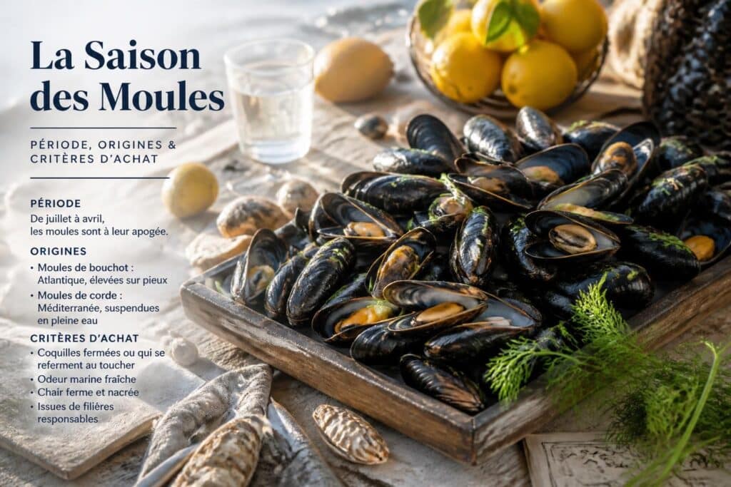 Plateau de moules accompagné de citrons et d’un encadré sur leur saison et les critères d’achat