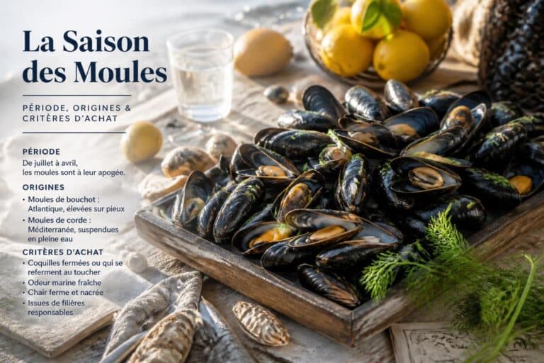 Plateau de moules accompagné de citrons et d’un encadré sur leur saison et les critères d’achat