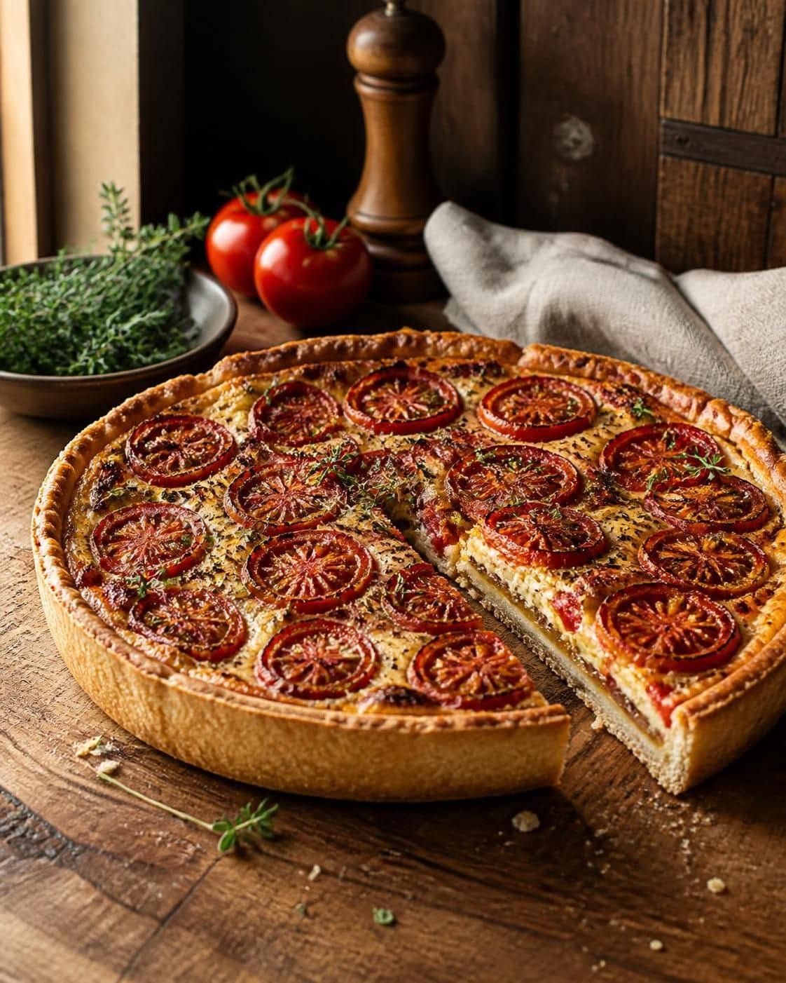 Tarte cuite aux rondelles de tomate et aux herbes avec une part découpée