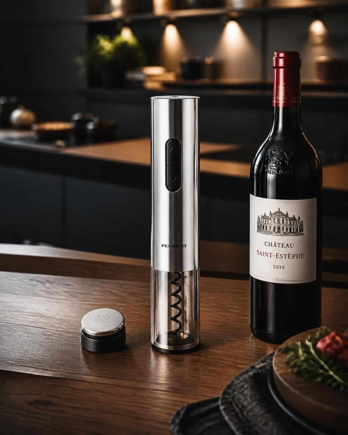 Tire-bouchon électrique Peugeot argenté près d'une bouteille de vin étiquetée Château Saint-Estèphe 2018.