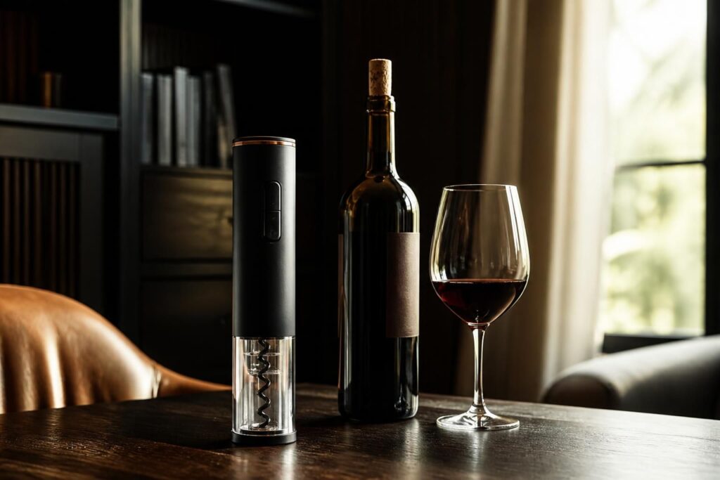 Tire-bouchon électrique noir à anneau cuivré, bouteille sombre et verre de vin rouge sur une table en bois.