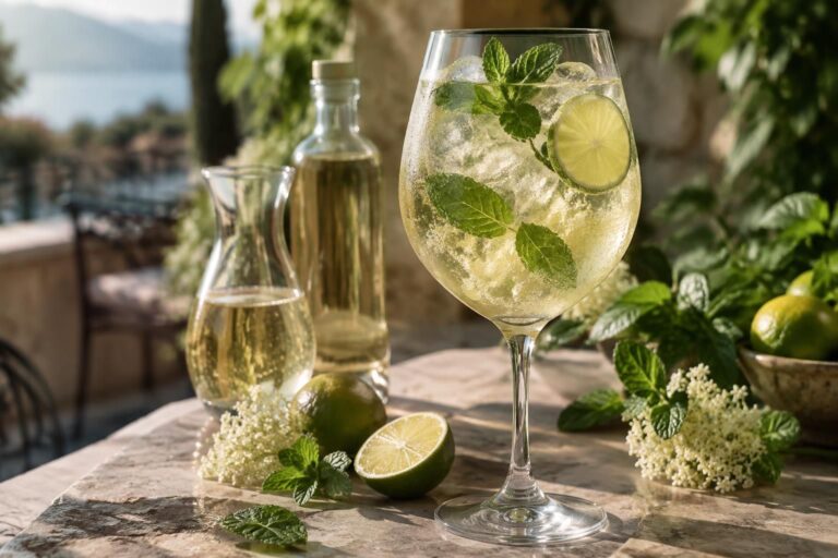 Coupe à pied de liquide jaune pâle, glaçons, menthe et rondelle de citron vert